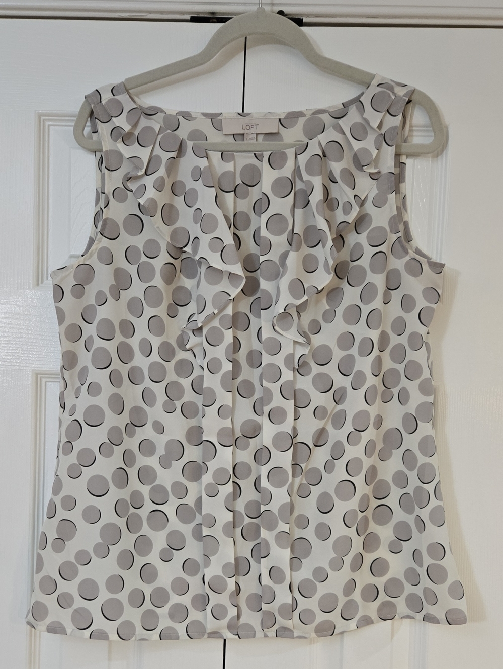 LOFT Cream and Gray Polka Dot Ruffle Sleeveless Blouse